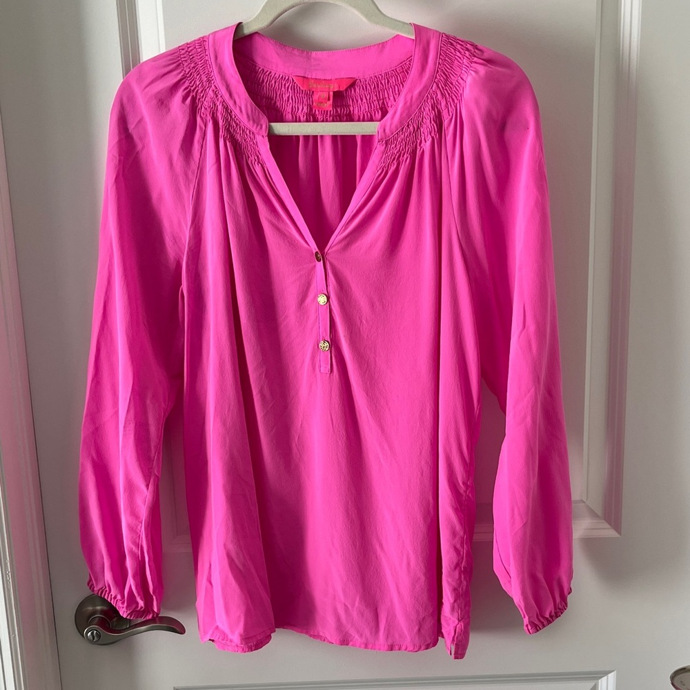 Lilly Pulitzer Elsa Bright Pink Silk Popover Women's Pink Blouse SZ M